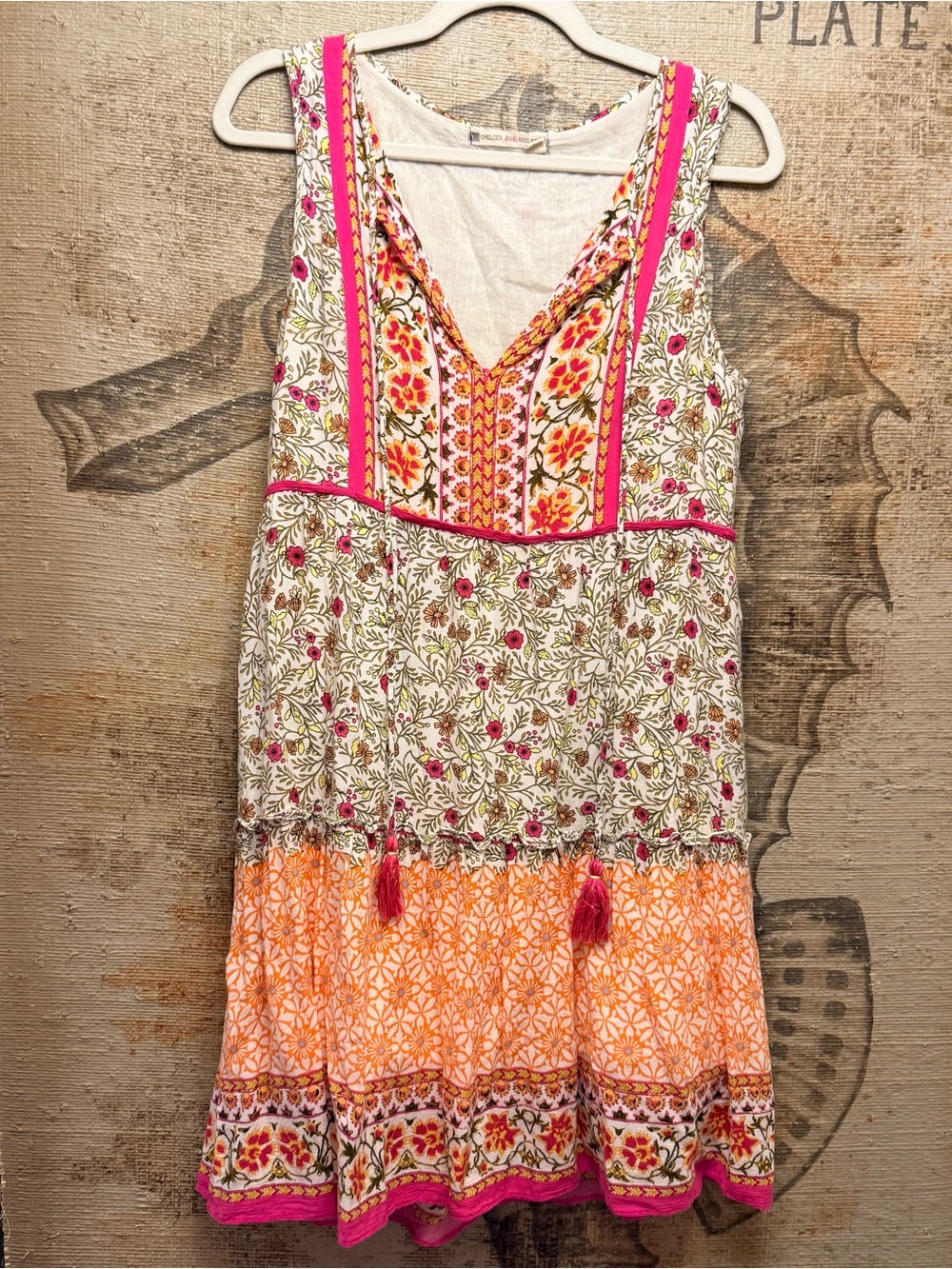 Chelsea & Violet Small Boho Floral Tiered Dress Pink Orange Tassel 100% Rayon